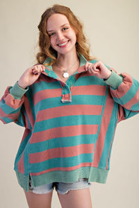 Rugby Stripe Tery Pullover - Jade