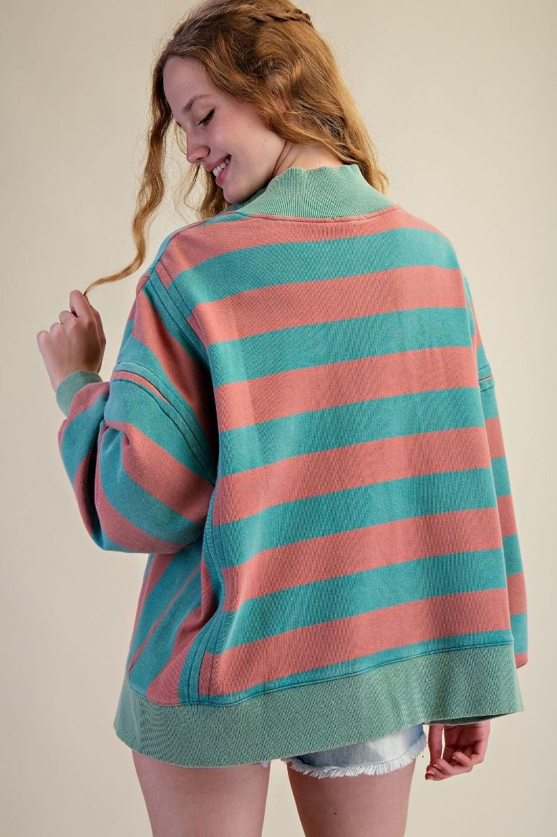 Rugby Stripe Tery Pullover - Jade