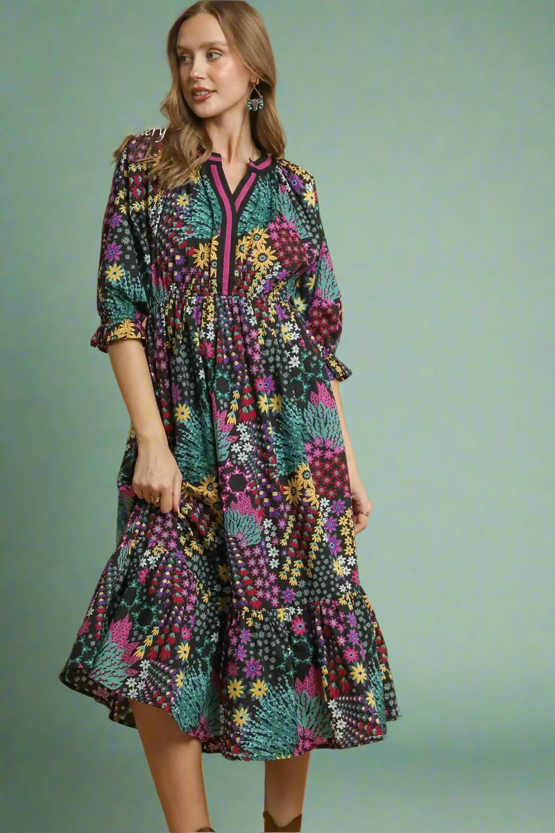Floral Print V-Neck Midi Dress - Black