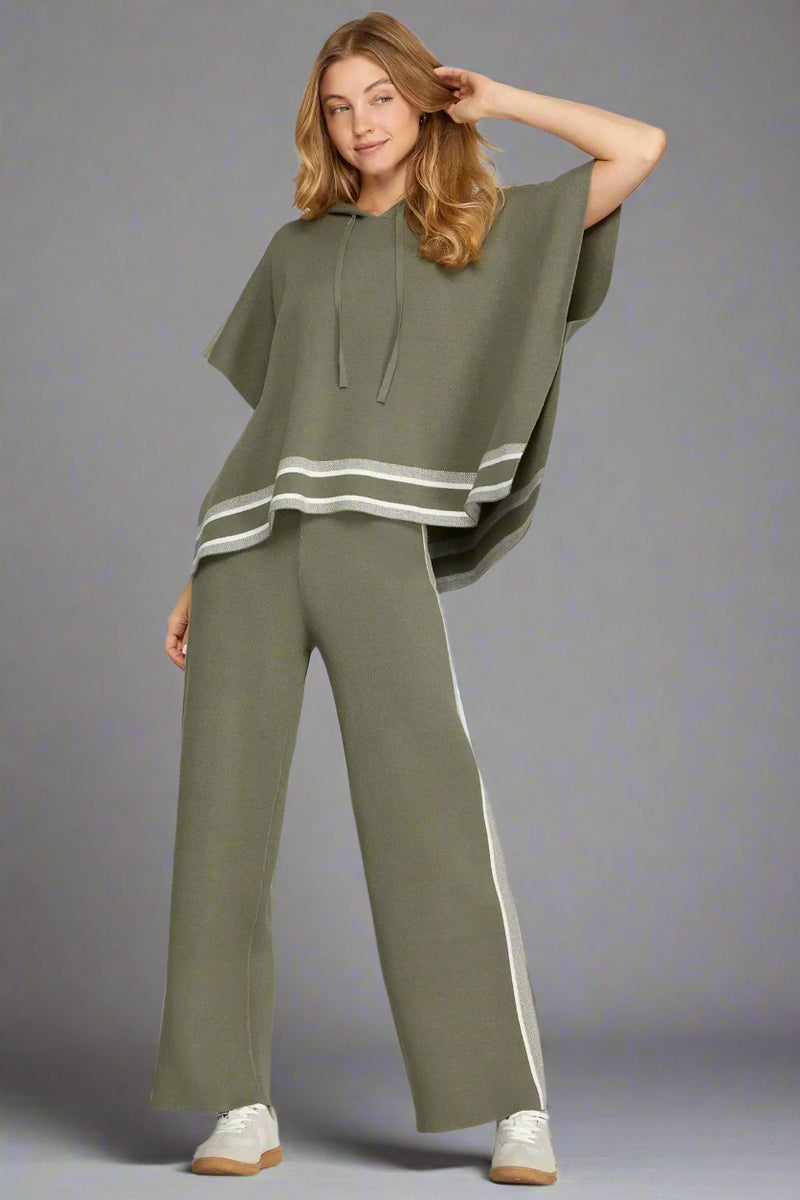 Hooded Sweater Top With Stripe Detail - Olive