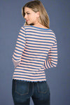 Ribbed Stripe Printed Knit Top Blue