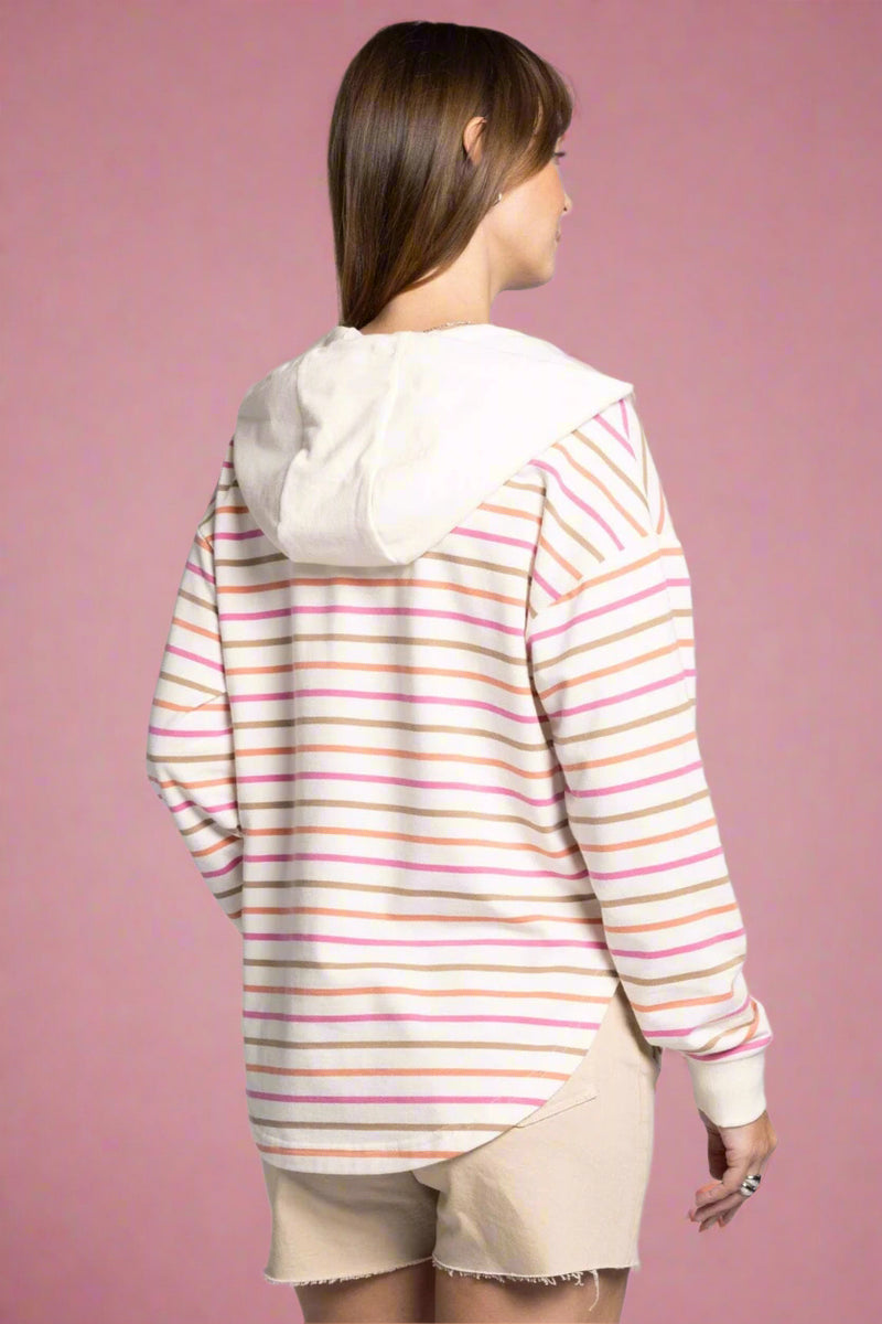 Corinna Cozy Striped V-Neck Hoodie Multi