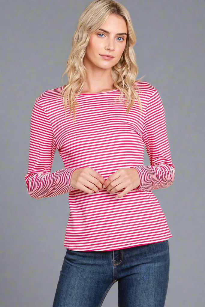 A lightweight crewneck top. It has white and pink horizontal strips and a button detail back.