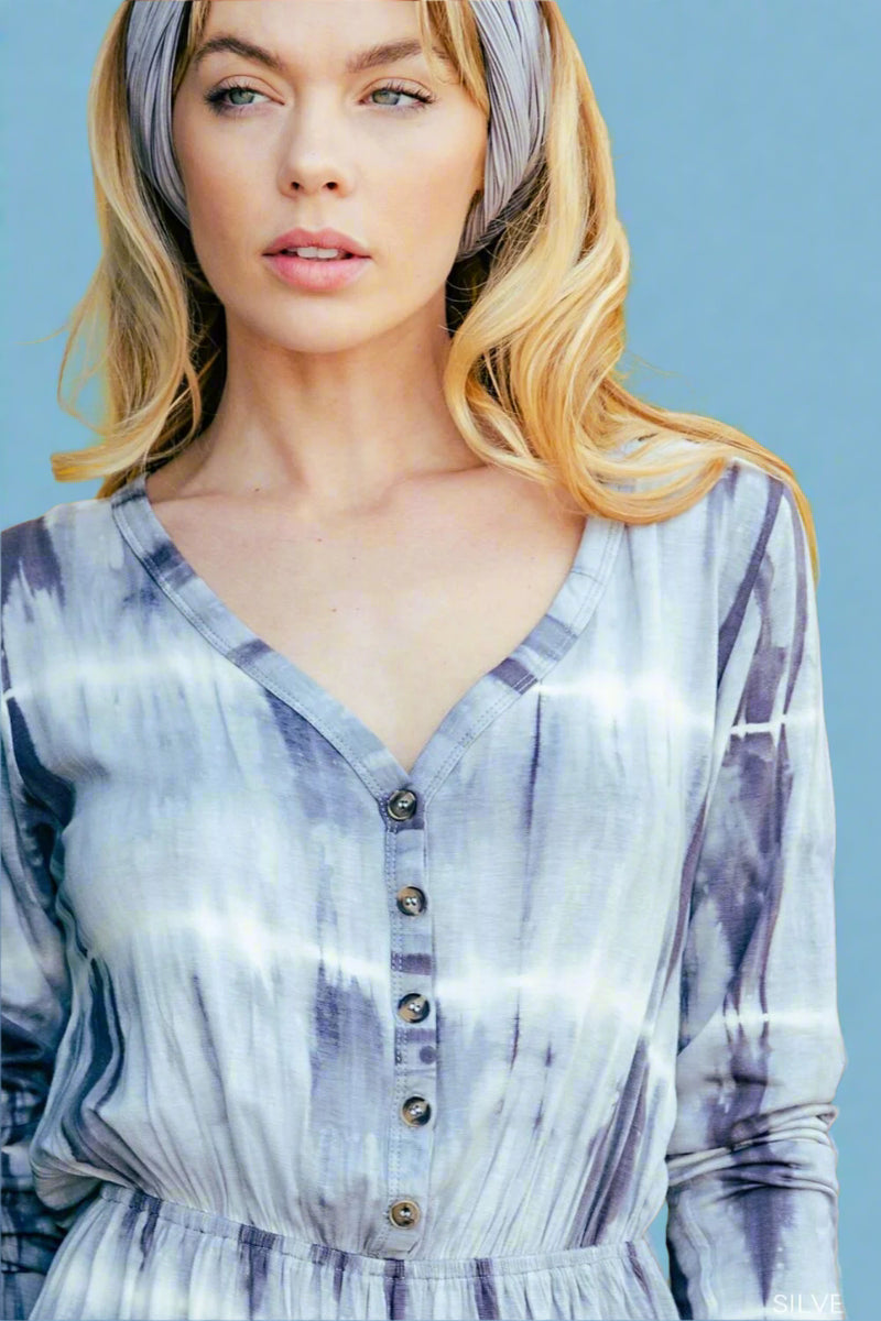 Long Sleeve Tie Dye Romper - Silver