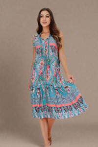 Button Neck Teal Summer Dress
