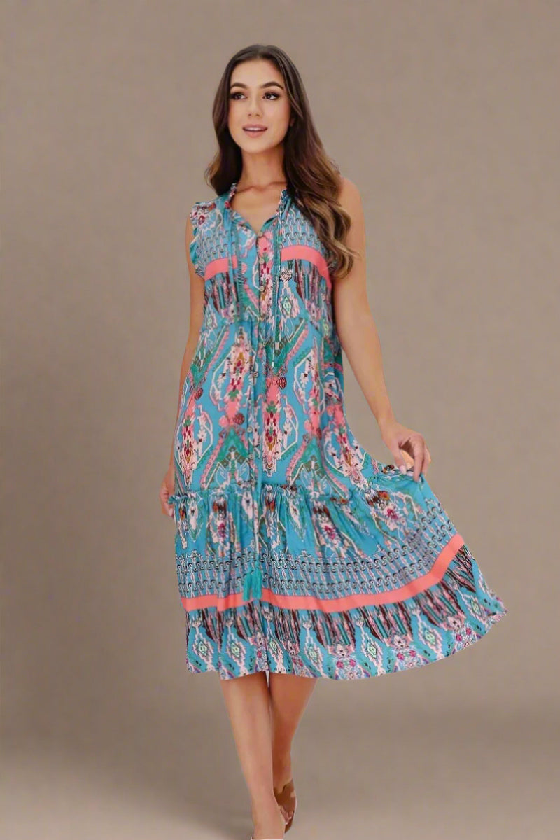 Button Neck Teal Summer Dress