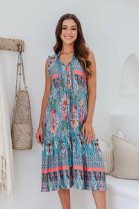 Button Neck Teal Summer Dress