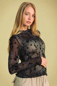 Floral Long Sleeve Mesh Top Navy