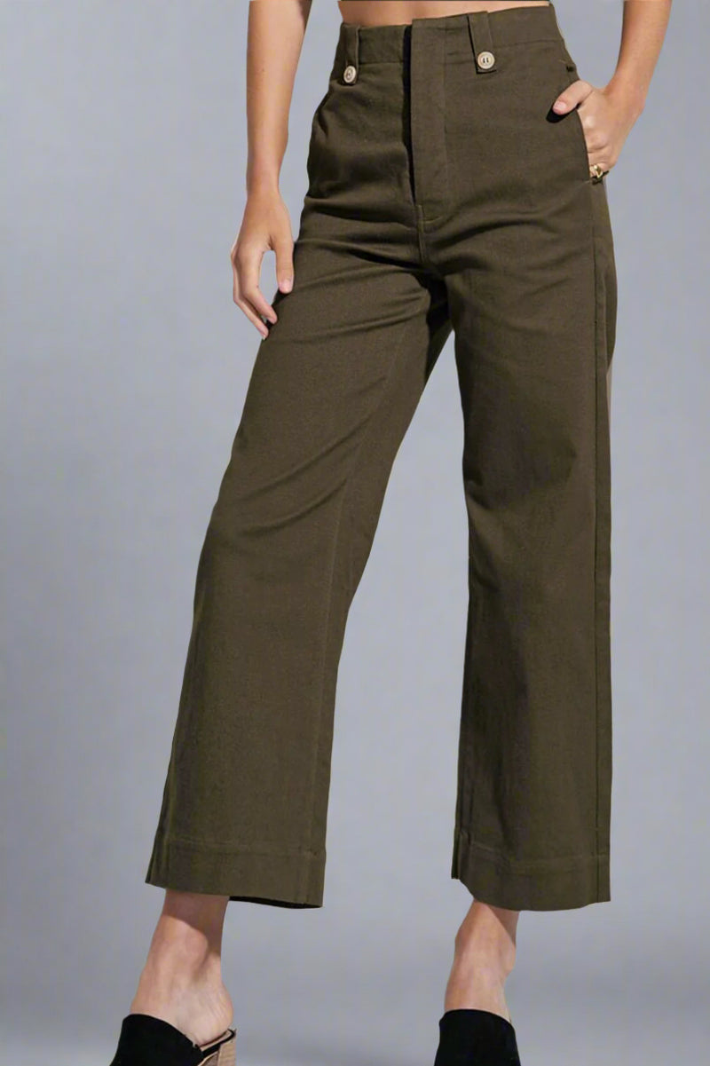 Person wearing olive green wide-leg pants 