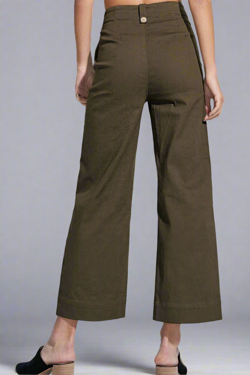 Person wearing olive green wide-leg slightly cropped pants 