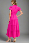 Puff Bubble Sleeve Tiered Maxi Dress - Hot Pink