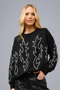 Western Boots Stitch Pullover Sweatshirt - Black