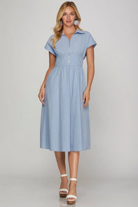 Solid Zip Up Midi Dress - Blue