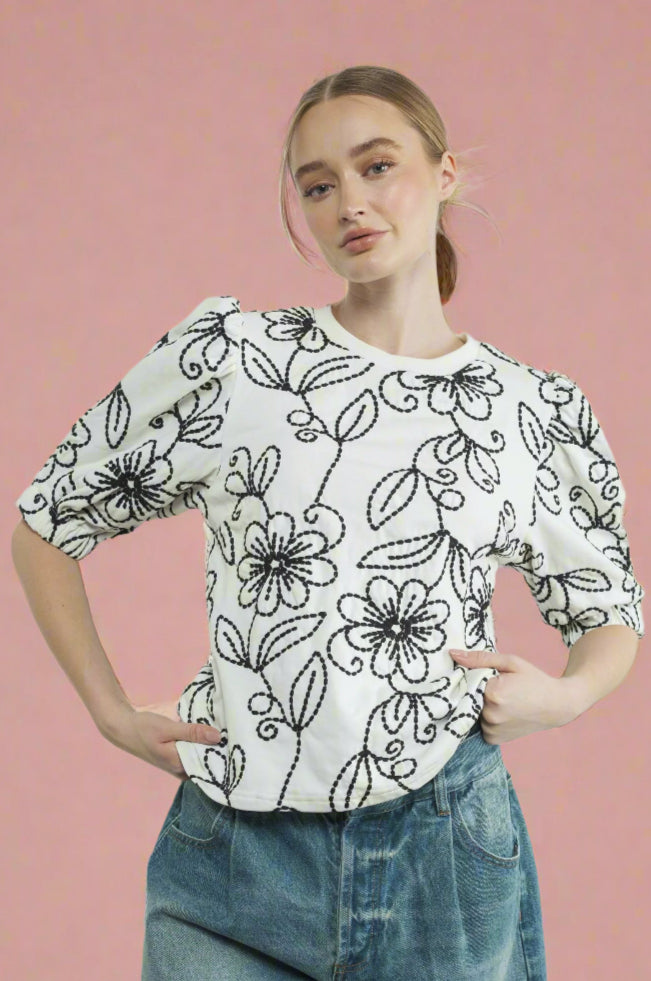 Flower Embroidered Shirt - Off White