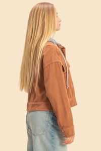 Corduroy Jacket With Detachable Hood - Brown