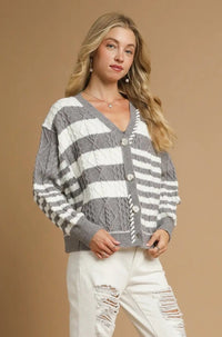 Textured Stripe Button-Up Cardigan - Grey
