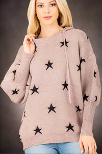 V Neck Star Hooded Sweater Top - Mocha