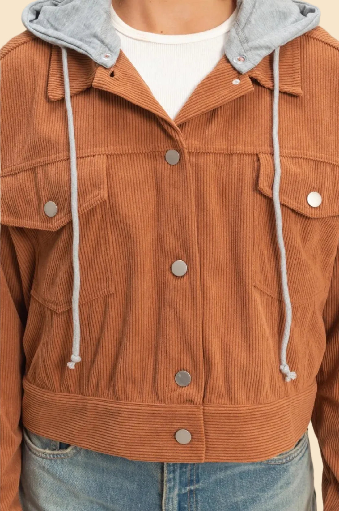 Corduroy Jacket With Detachable Hood - Brown