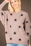 V Neck Star Hooded Sweater Top - Mocha