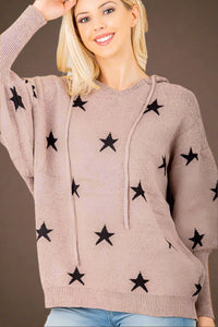 V Neck Star Hooded Sweater Top - Mocha