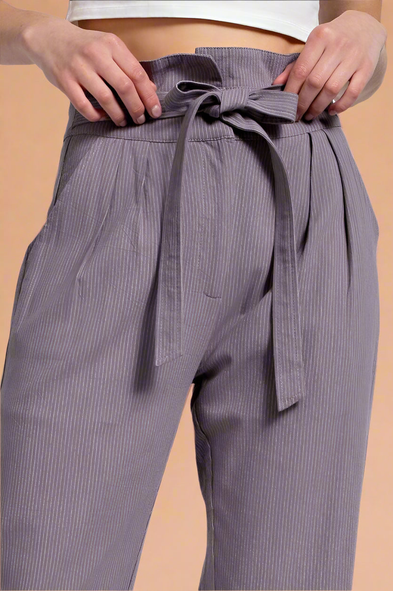 Tie Front Pinstripe Trouser - Charcoal