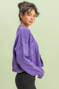 Drop Shoulder Cropped Cardigan Sweater - Wisteria