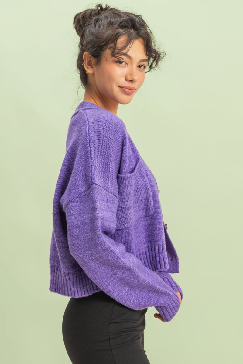 Drop Shoulder Cropped Cardigan Sweater - Wisteria