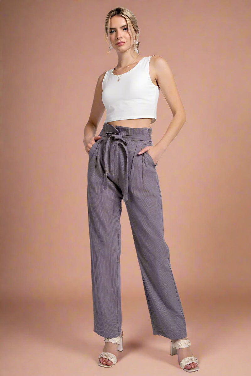 Tie Front Pinstripe Trouser - Charcoal