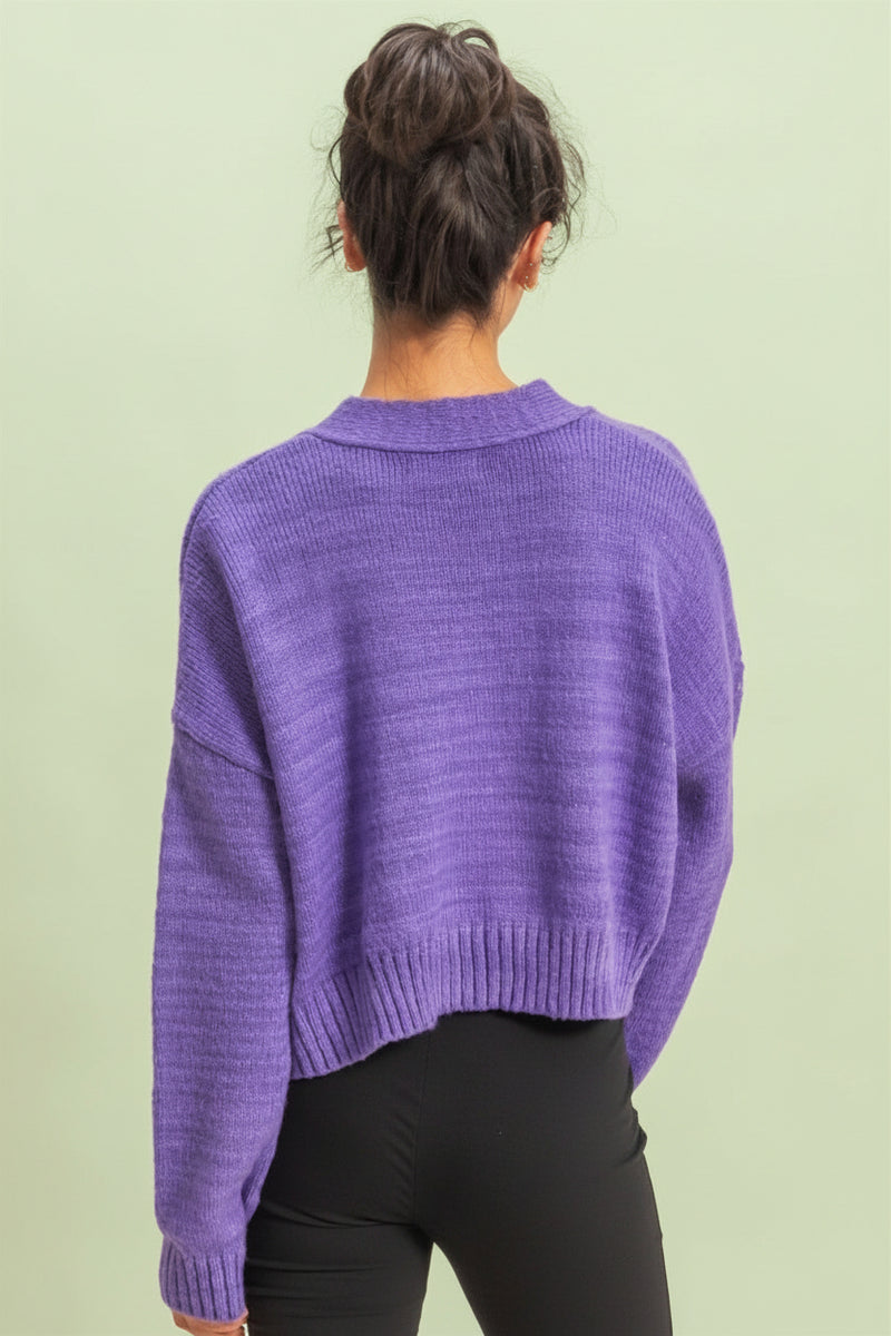 Drop Shoulder Cropped Cardigan Sweater - Wisteria