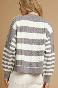 Textured Stripe Button-Up Cardigan - Grey