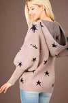 V Neck Star Hooded Sweater Top - Mocha