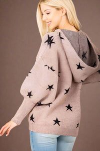 V Neck Star Hooded Sweater Top - Mocha