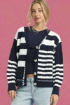Textured Stripe Button-Up Cardigan - Navy