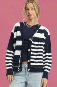 Textured Stripe Button-Up Cardigan - Navy