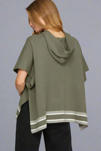 Hooded Sweater Top With Stripe Detail - Olive