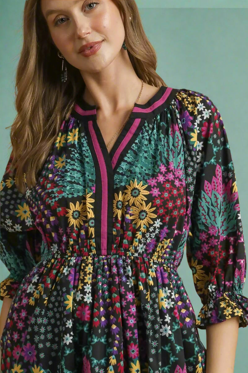 Floral Print V-Neck Midi Dress - Black