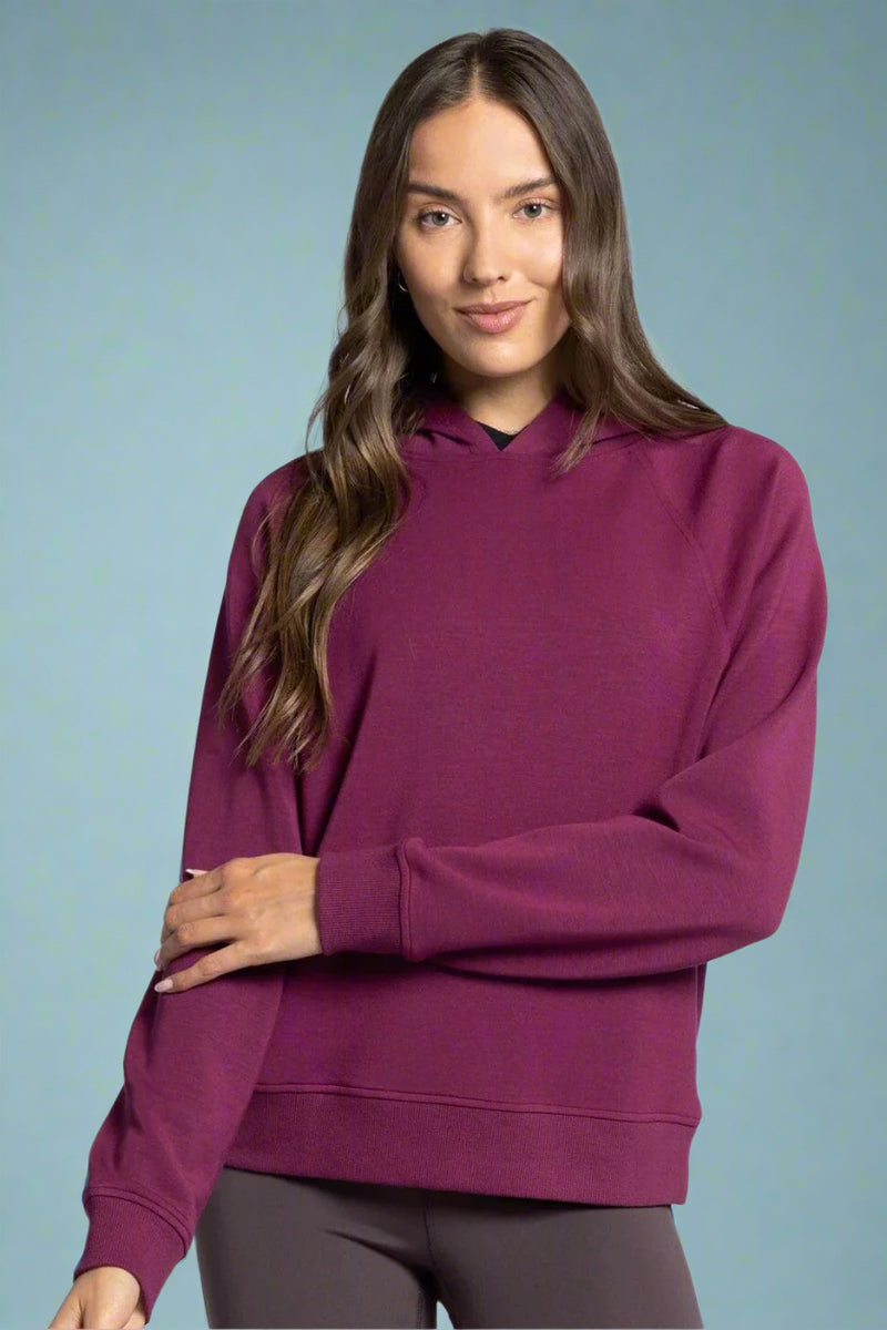A women’s classic lightweight hooded sweatshirt in buttery soft rich purple material and raglan style sleeves.