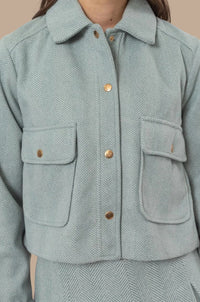 Herringbone Crop Button Down Jacket - Teal