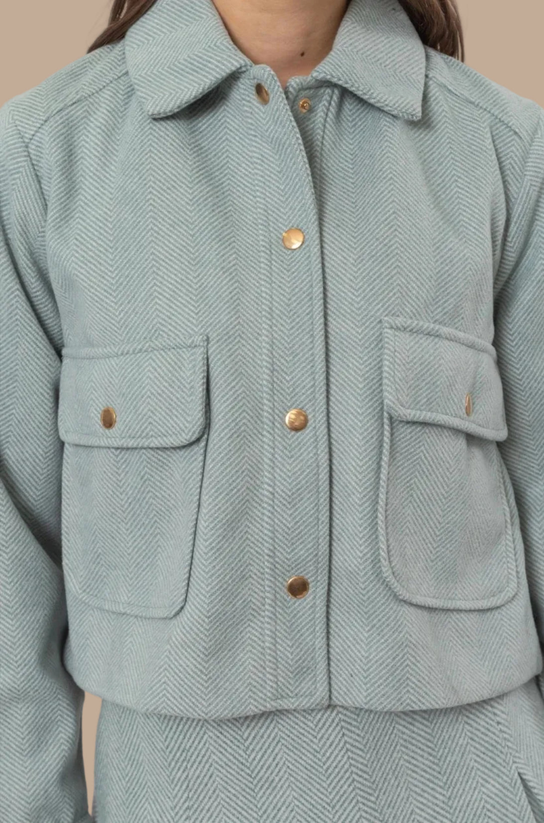 Herringbone Crop Button Down Jacket - Teal