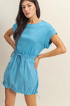 Short Sleeve Elasticized Mini Dress - Blue