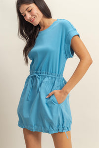 Short Sleeve Elasticized Mini Dress - Blue