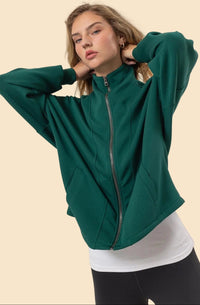High Neck Zip-Up Jacket - Dark Green