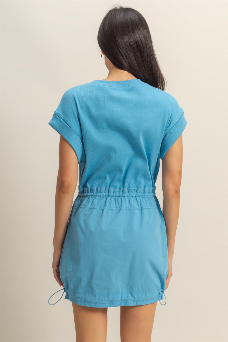 Short Sleeve Elasticized Mini Dress - Blue
