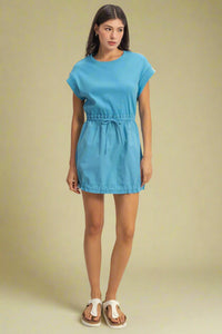 Short Sleeve Elasticized Mini Dress - Blue