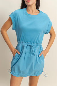 Short Sleeve Elasticized Mini Dress - Blue