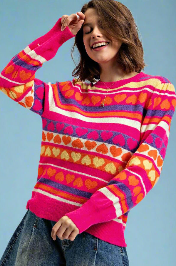 Lightweight Heart Sweater - Hot Pink