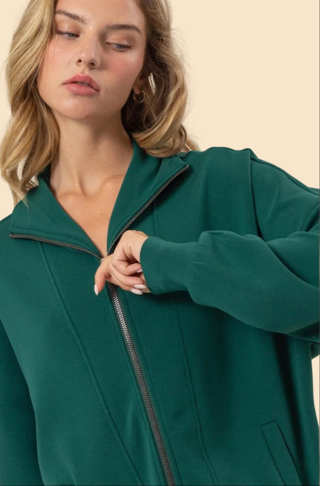 High Neck Zip-Up Jacket - Dark Green