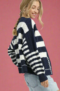 Textured Stripe Button-Up Cardigan - Navy