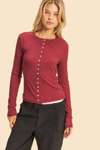 Long Sleeve Ribbed Button Down Knit Top - Wine