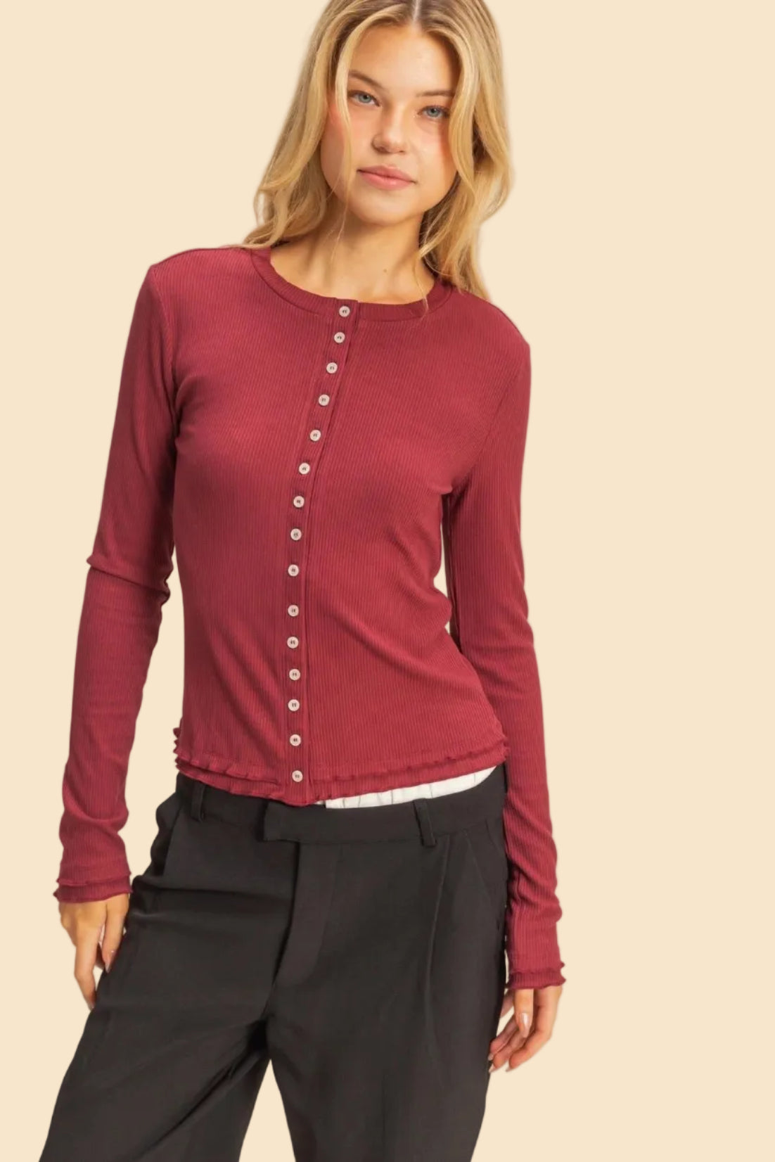 Long Sleeve Ribbed Button Down Knit Top - Wine